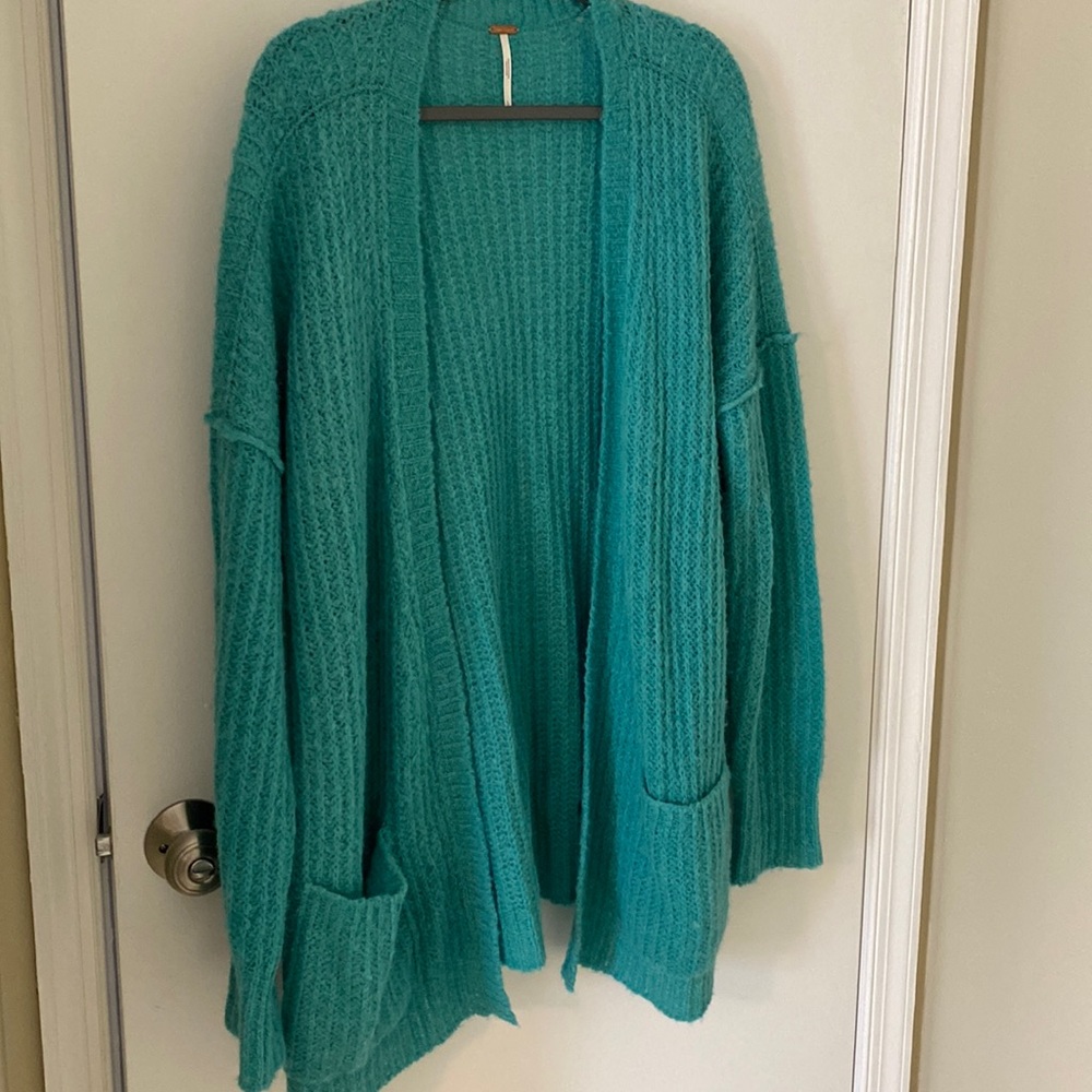 Free People Teal Sweater Cardigan, EUC Size L